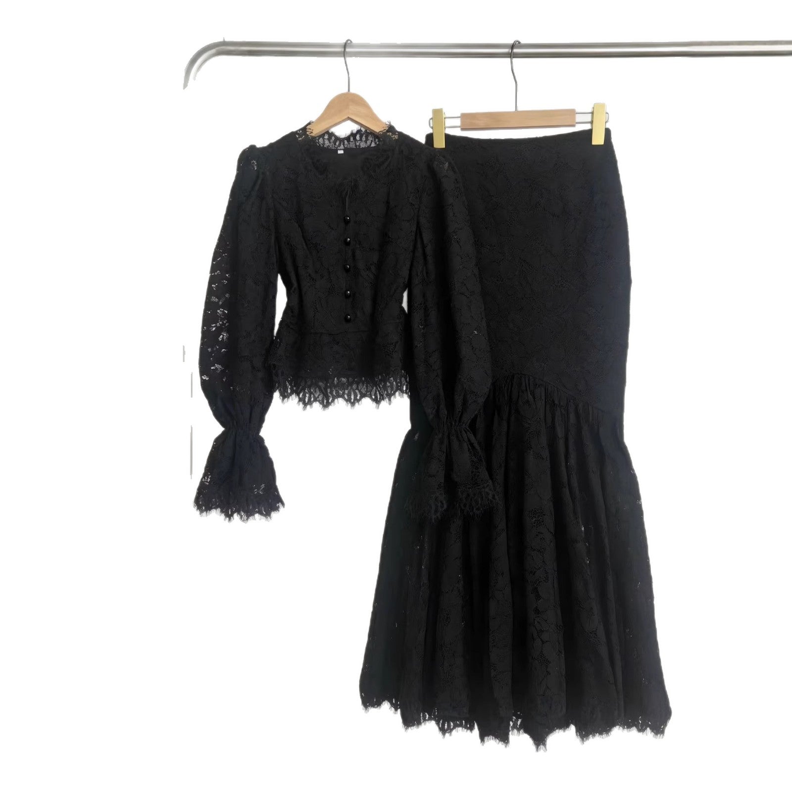 Tailored hip hugging fish tail long skirt+V-neck lace button flared sleeves