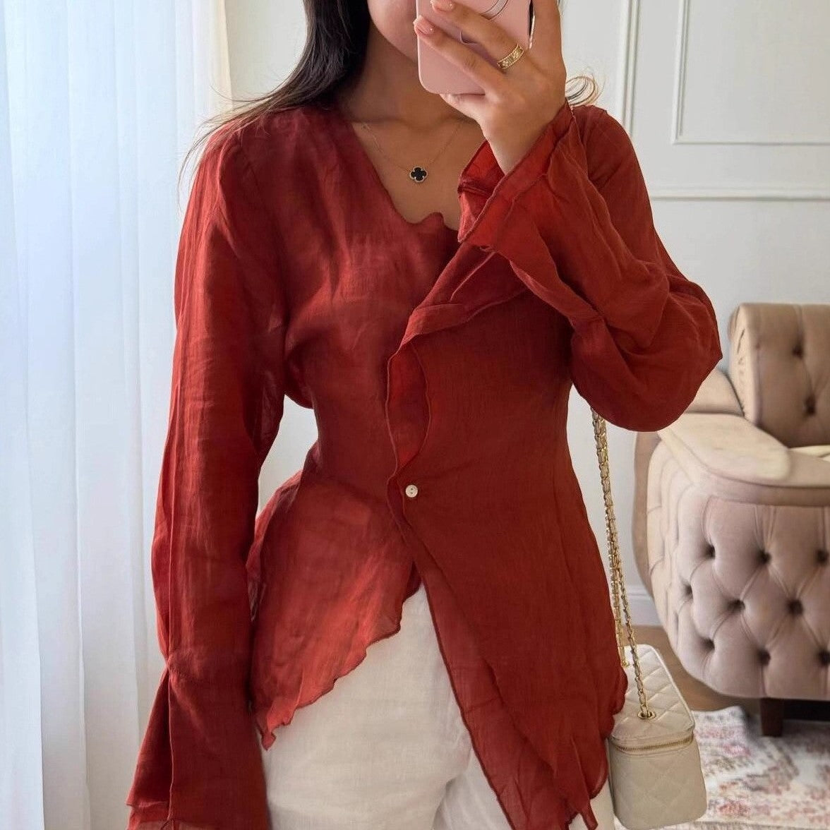 Irregular Long Sleeve V-Neck Casual Shirt for Women