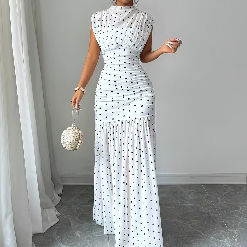Katie Polka Dot Pleated Fitted Elegant Sleeveless Maxi Dress
