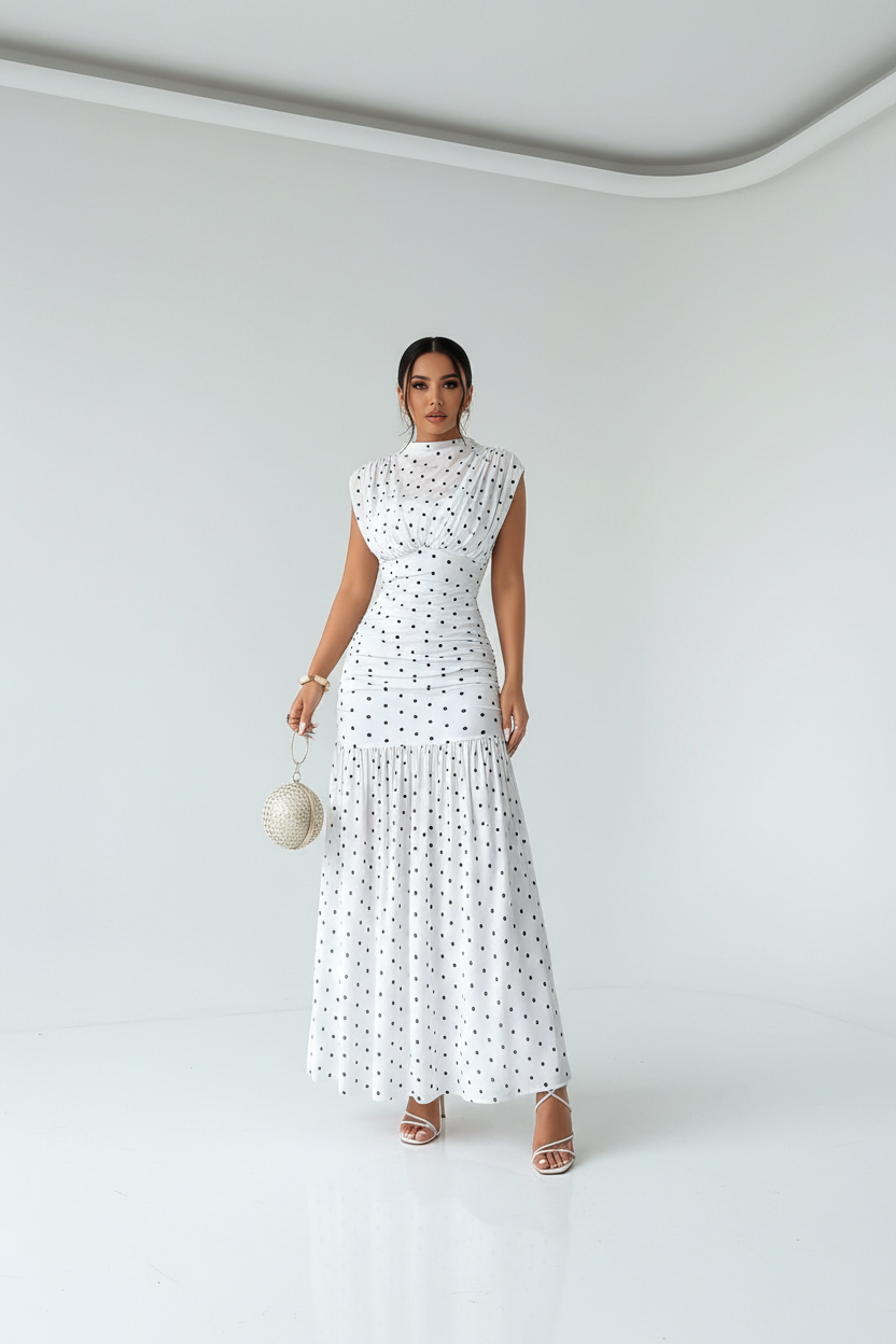 Katie Polka Dot Pleated Fitted Elegant Sleeveless Maxi Dress
