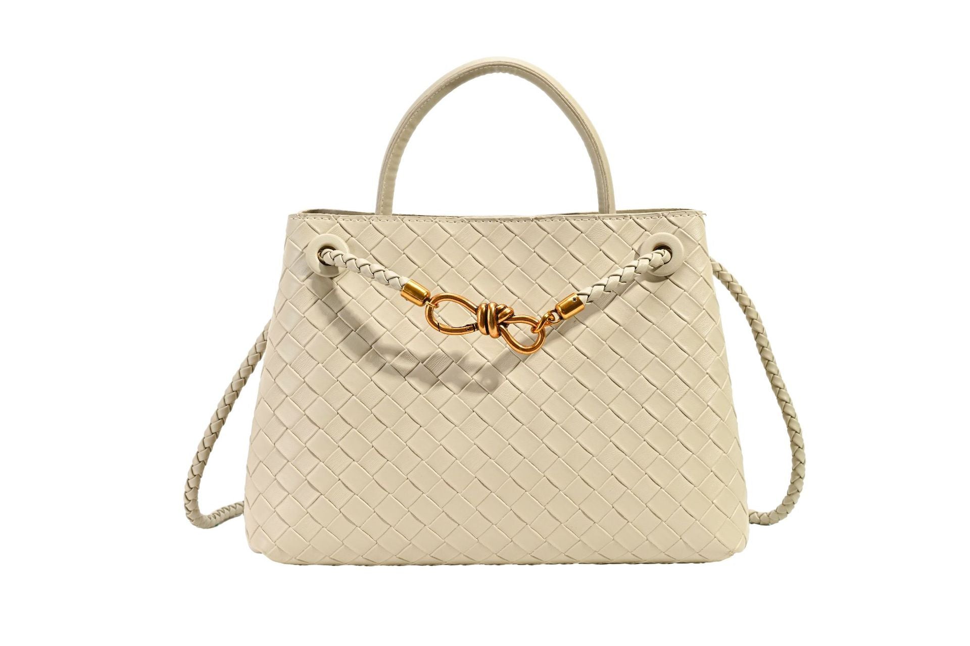 Metal rope buckle woven shoulder bag, fashionable, versatile, retro, commuter bag for women.