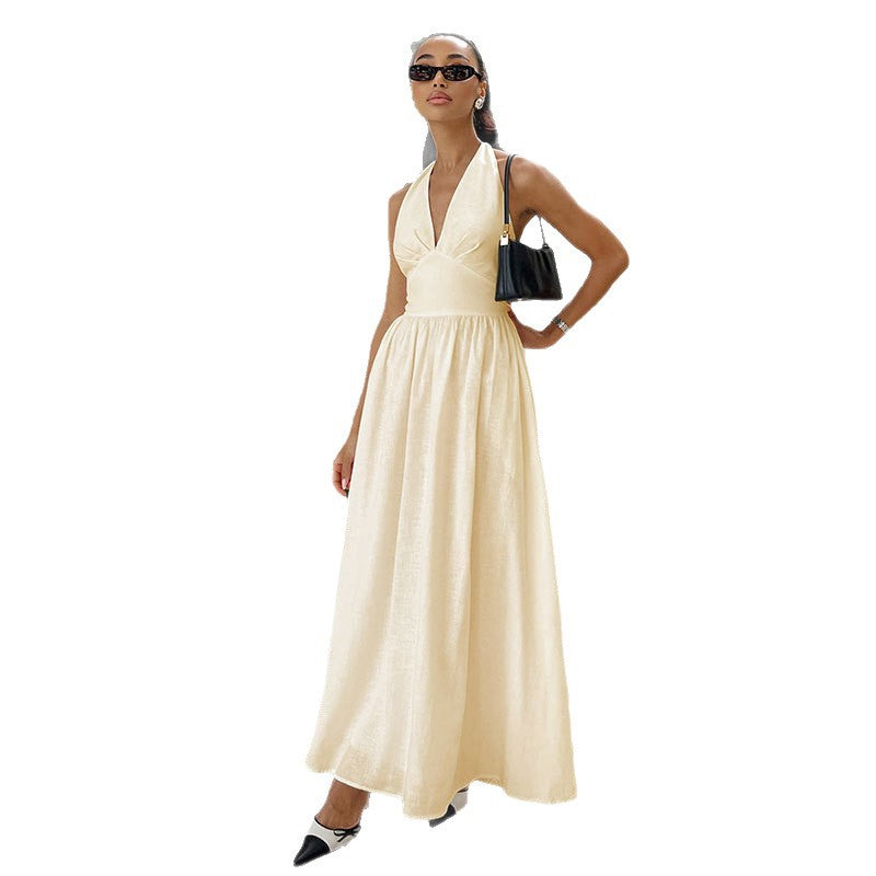 Chic Deep V-Neck Bodice Tie-Back Backless Long Dress for Women