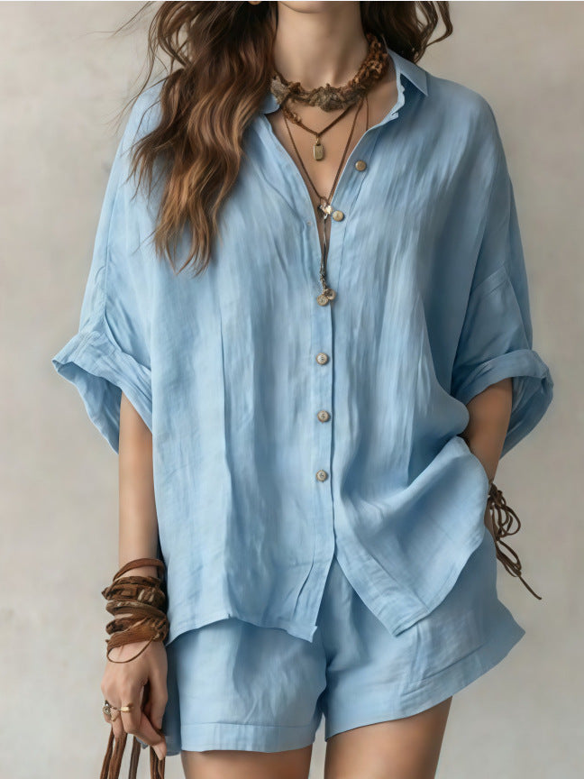 Solid color loose breasted shirt shorts casual set