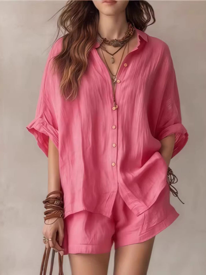 Solid color loose breasted shirt shorts casual set