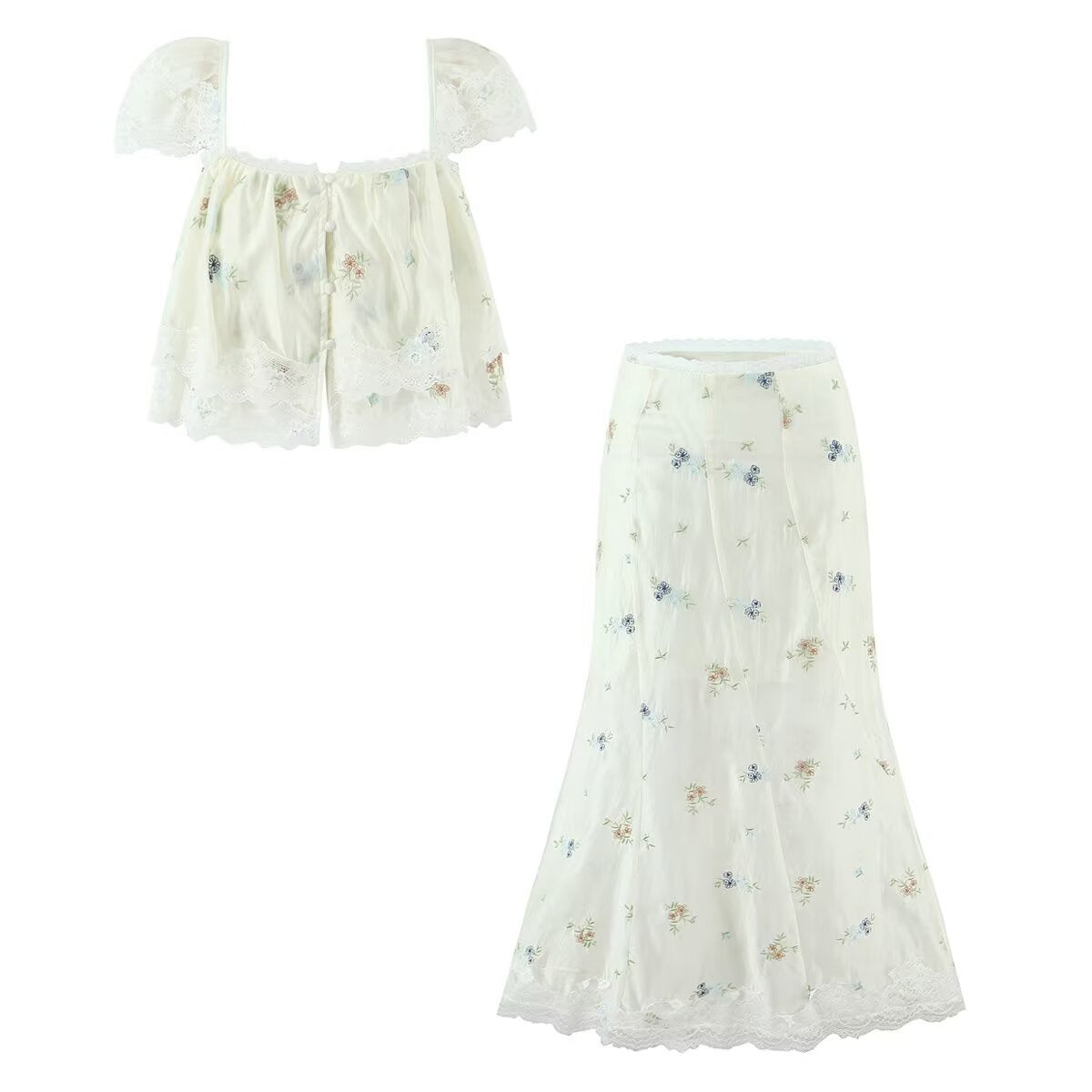 Women's New Fashion Embroidered Flower Strap Top Lace Embroidered Flower Skirt