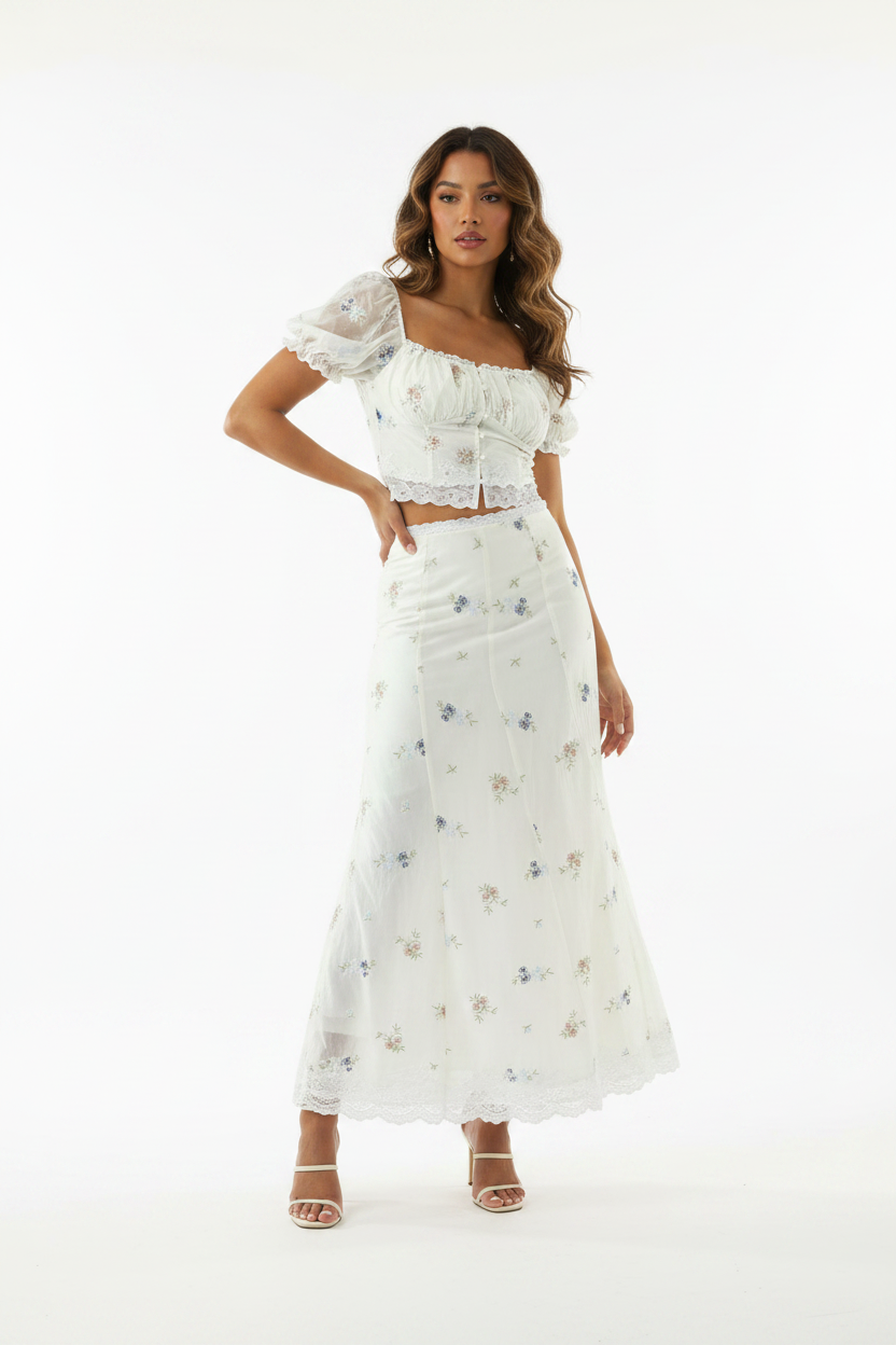 Lina Embroidered Flower Strap Top and Skirt