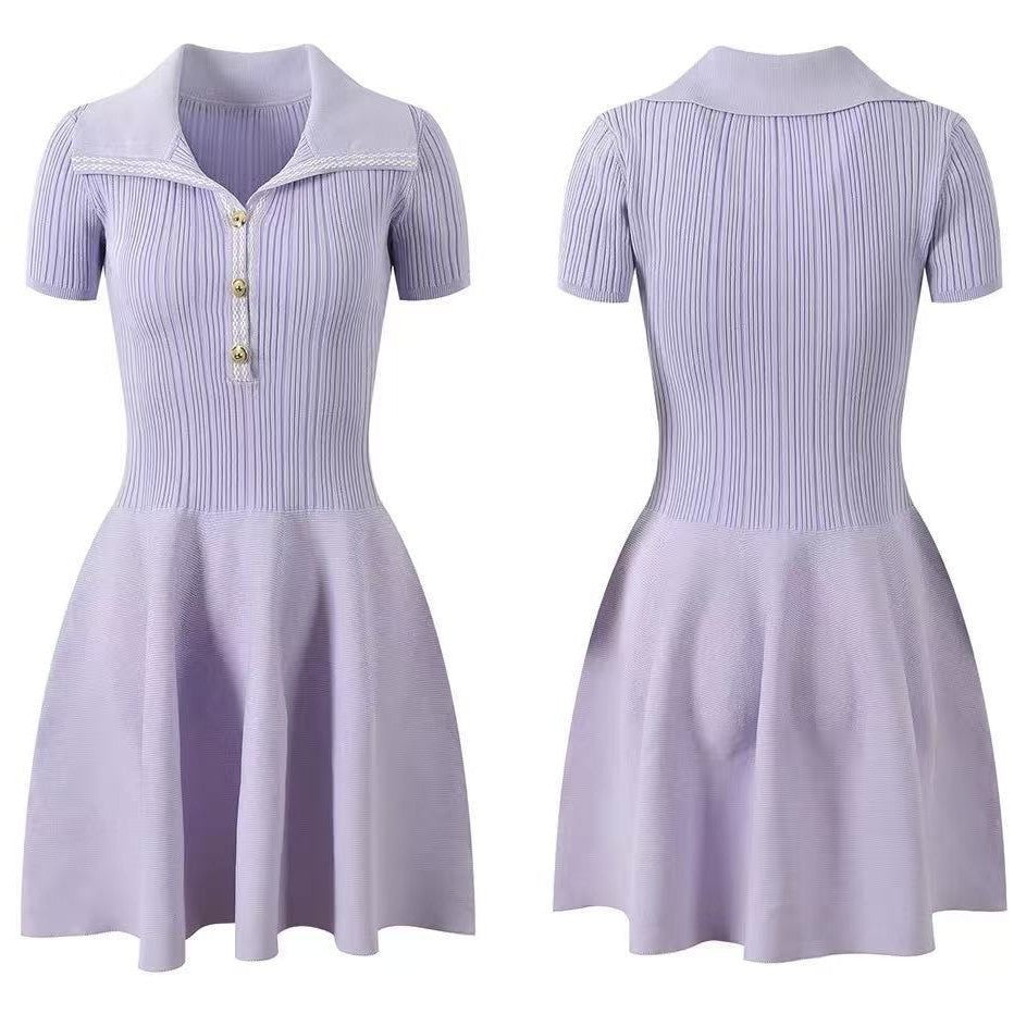 Elegant PurpleShort Sleeve Knit Dress A-Line Flared Skirt