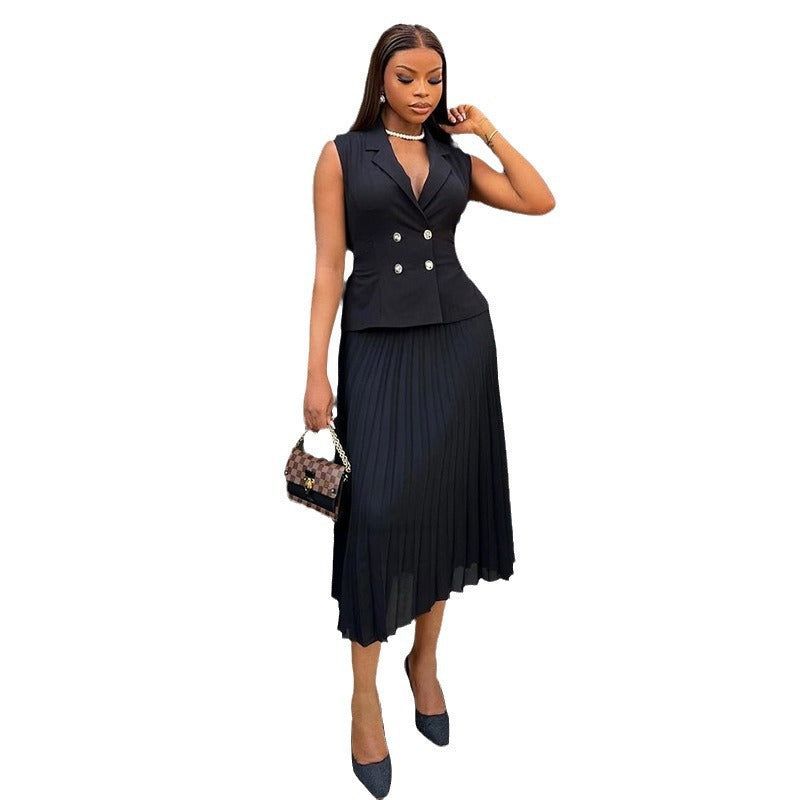 Celine Double breasted vest top pleated skirt set