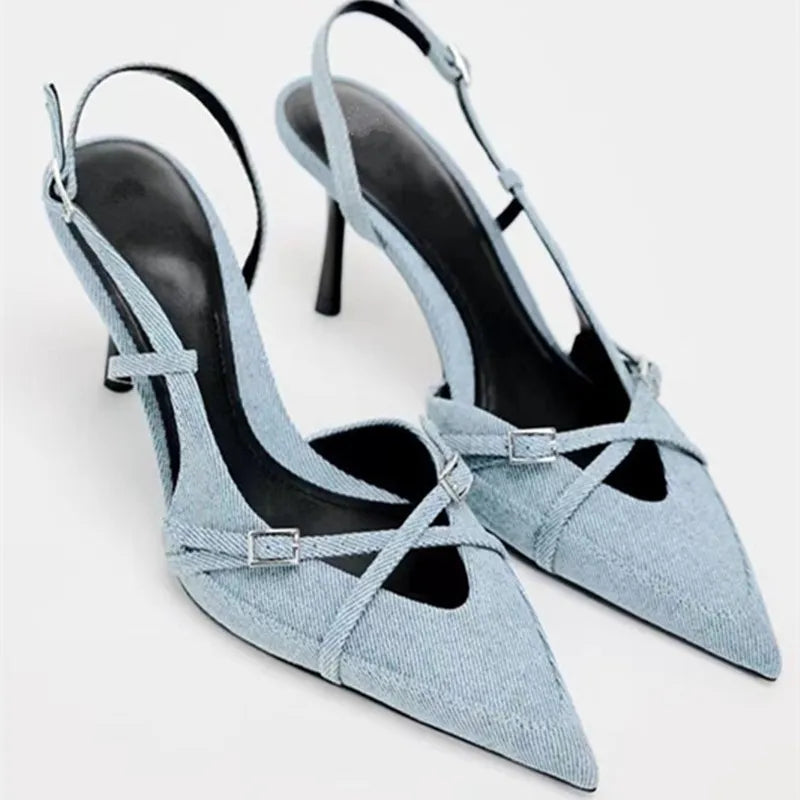 Denim shallow strap hollow toe sexy high-heeled fashion sandals