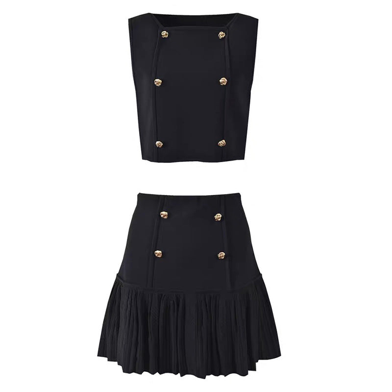 Chic Rose Gold Buckle Loose Noble Lady Style Vest Top + Skirt Set