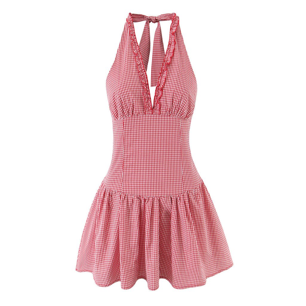 Spicy girl short red checkered neck hanging dress