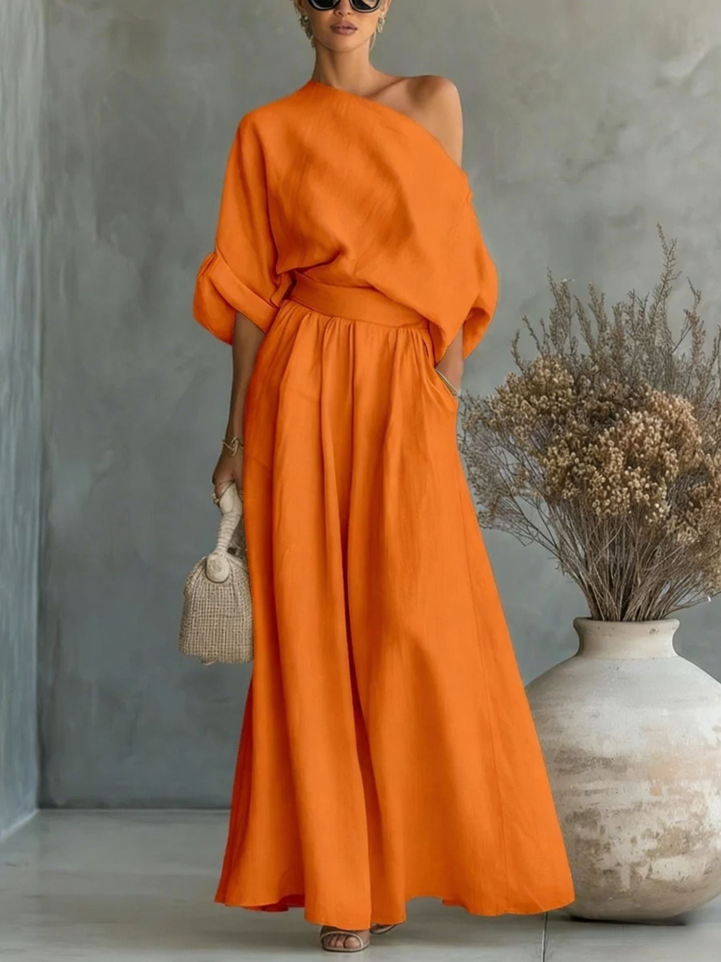 Serena Asymmetrical Shoulder Top and Pants Two-Piece Set