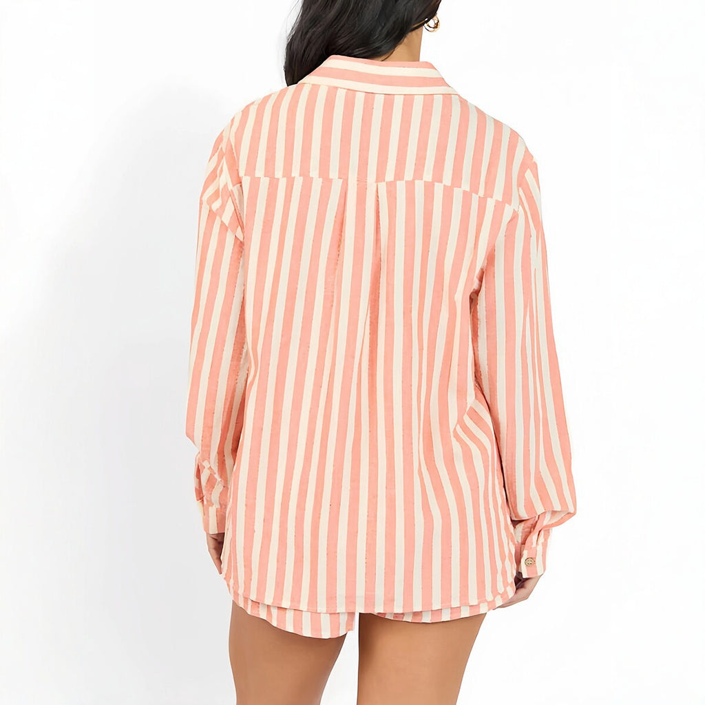 Stripe Turn-down Collar Long Sleeve Shirt and Shorts