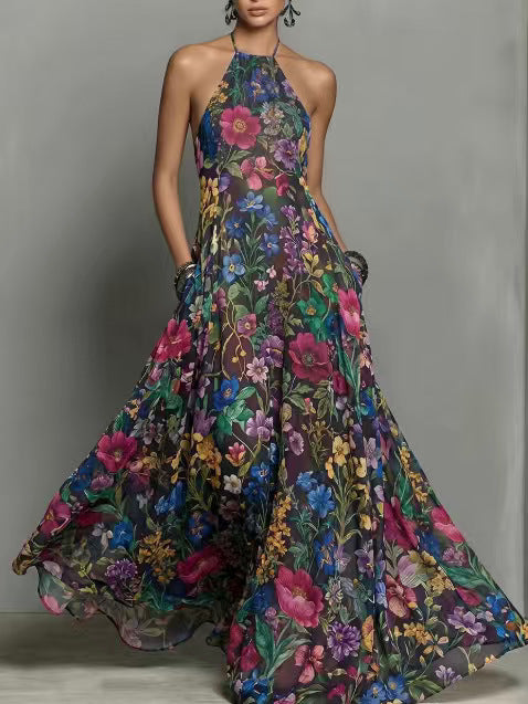 Summer New Plant Floral Print Strapless Dress, Off-shoulder Slim Fit Flowy Maxi Skirt