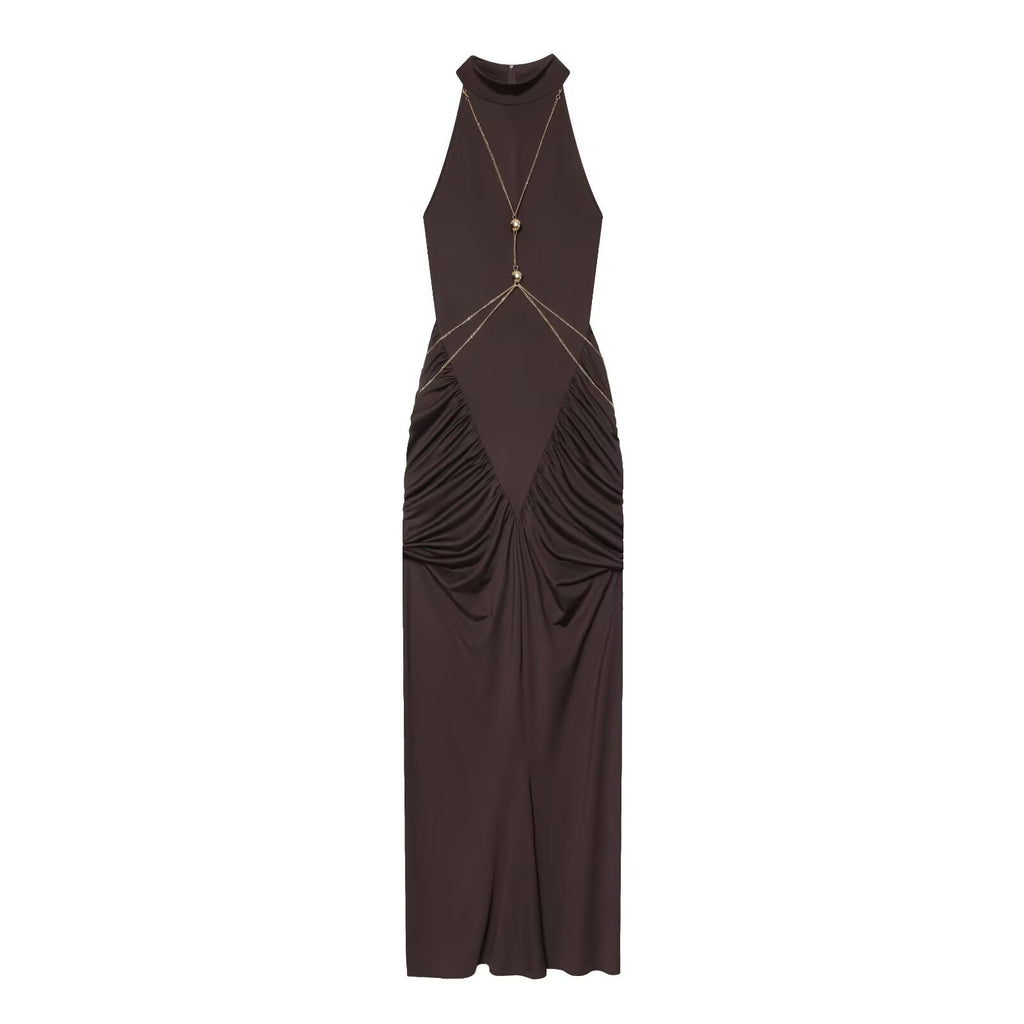 Chain decoration hanging neck collar dress