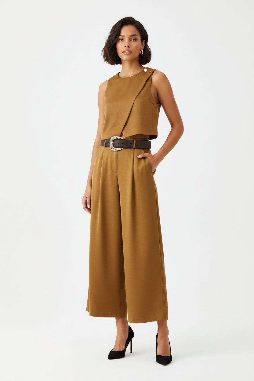 Double breasted silk top+straight leg pants set