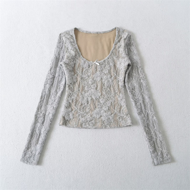 Lace Bow Embroidered Long Sleeve T-Shirt for Women