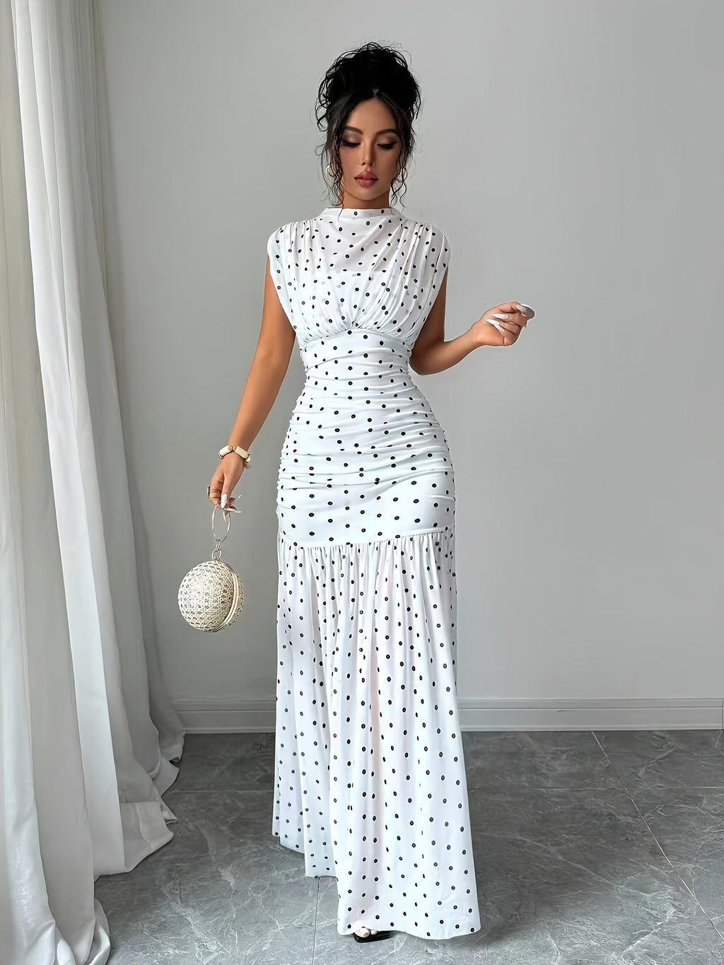 Katie Polka Dot Pleated Fitted Elegant Sleeveless Maxi Dress