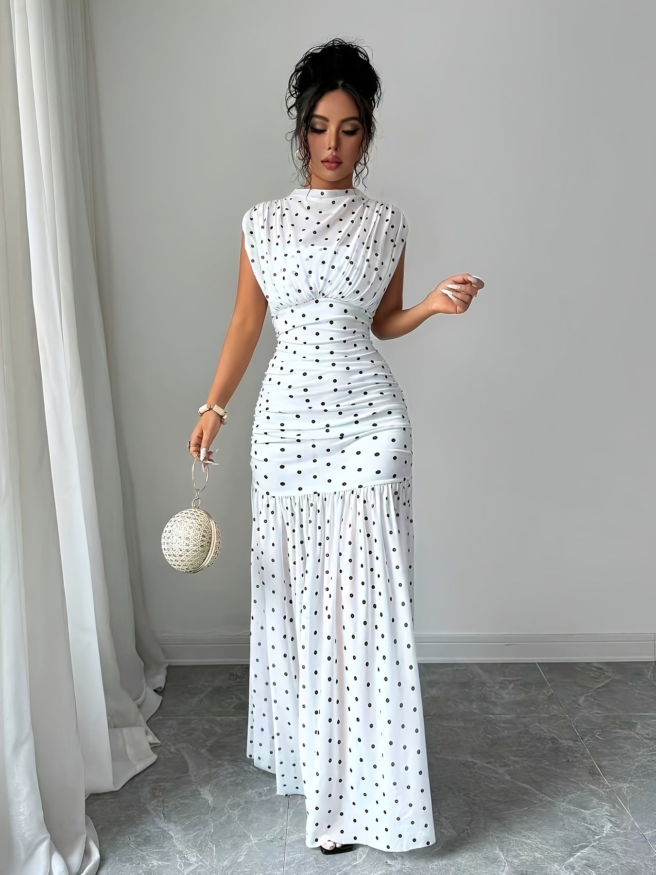 Katie Polka Dot Pleated Fitted Elegant Sleeveless Maxi Dress