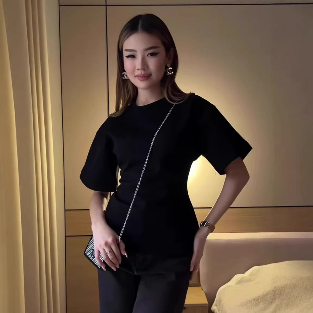 Chic Solid Color Round Neck Casual Fitted Slimming Cotton T-Shirt for Women