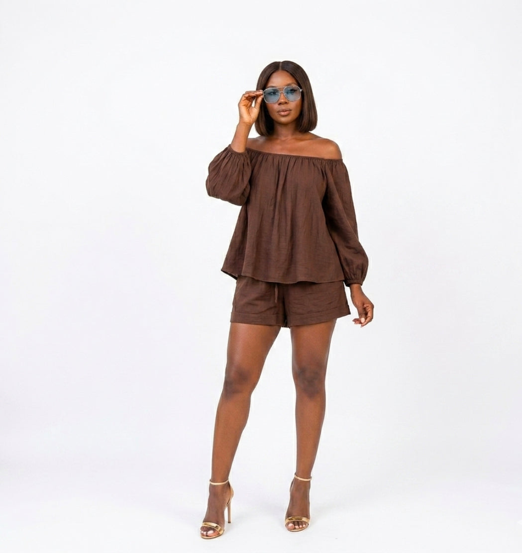 "Sahara "Espresso Off the Shoulder Bardot Balloon Sleeve Two-Piece Set