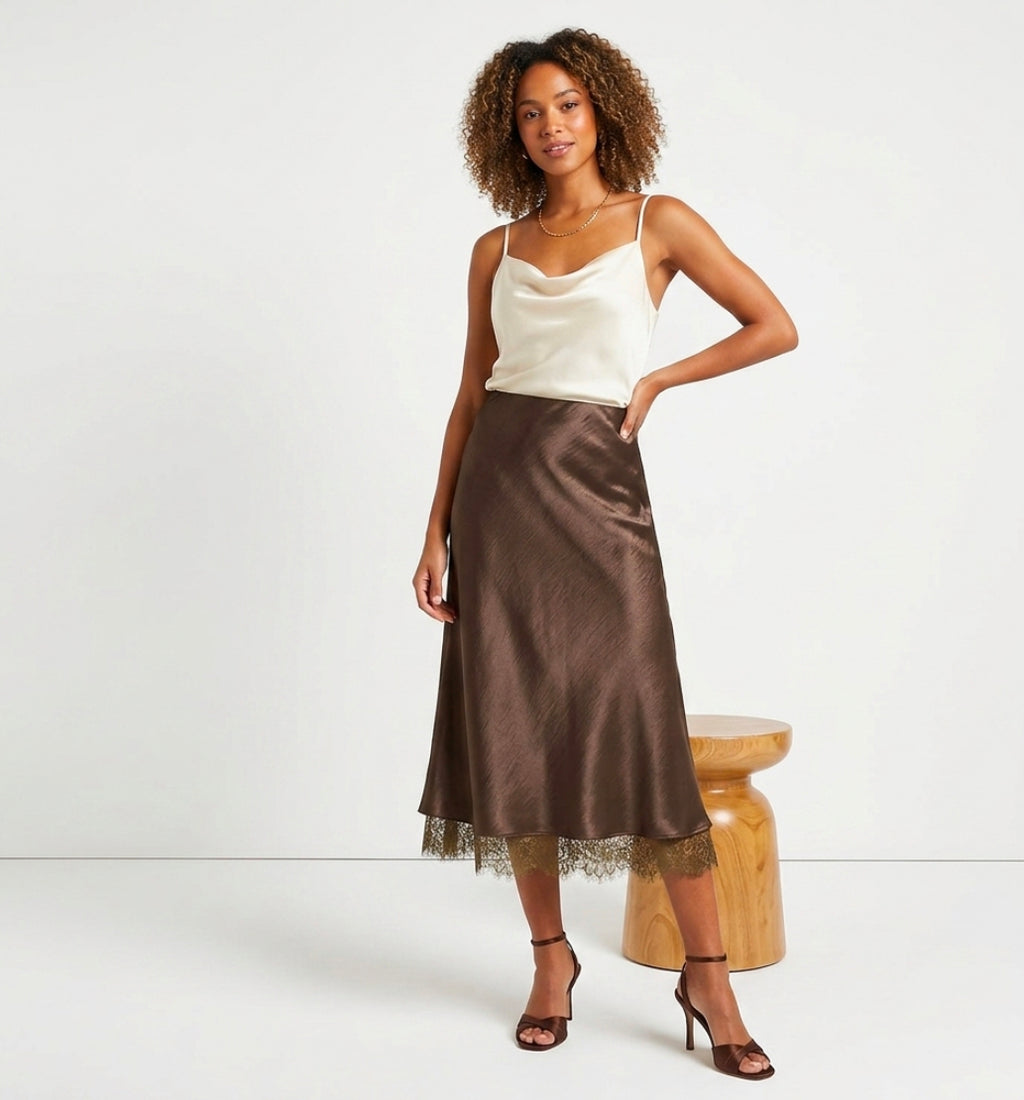 Satin acetate lace patchwork split half length skirt