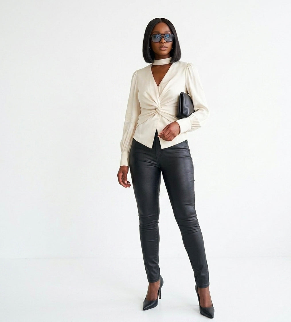 V-neck hanging neck patchwork long sleeved shirt