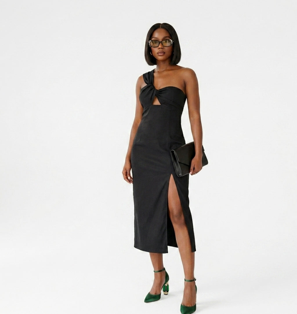 Noir Allure Cut-Out Asymmetric one shoulder Midi dress
