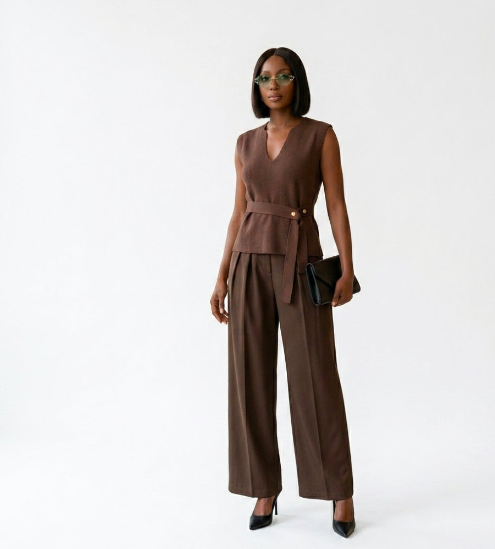 Knitted sleeveless vest with waistband decoration