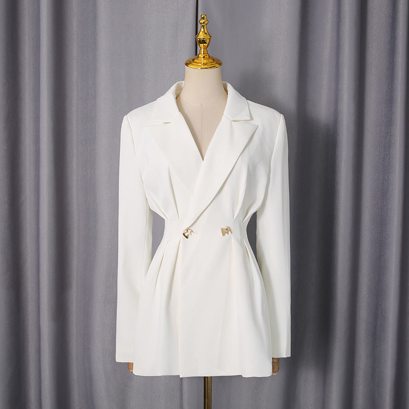 Metal buckle waist cinching suit+solid color straight leg pants