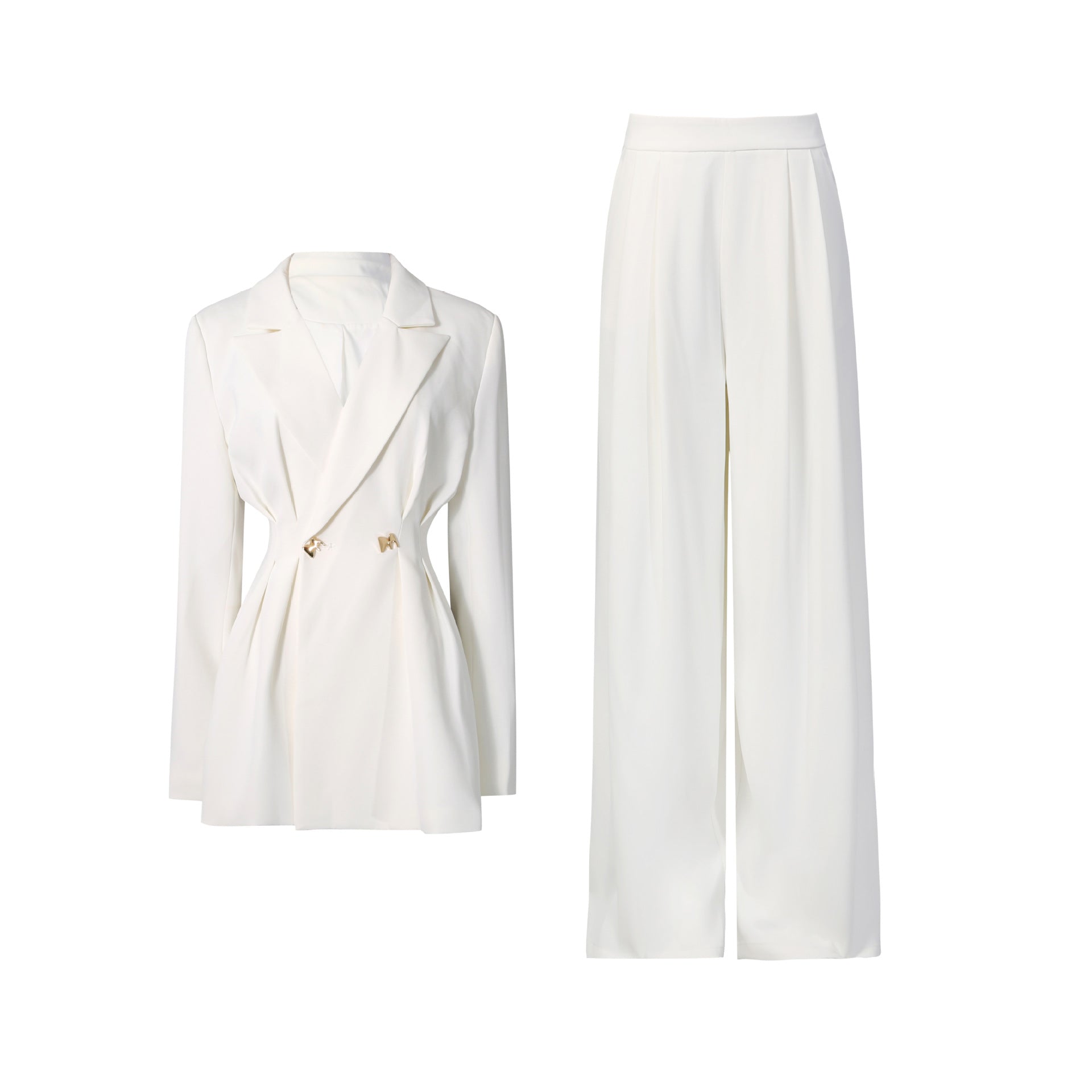 Metal buckle waist cinching suit+solid color straight leg pants